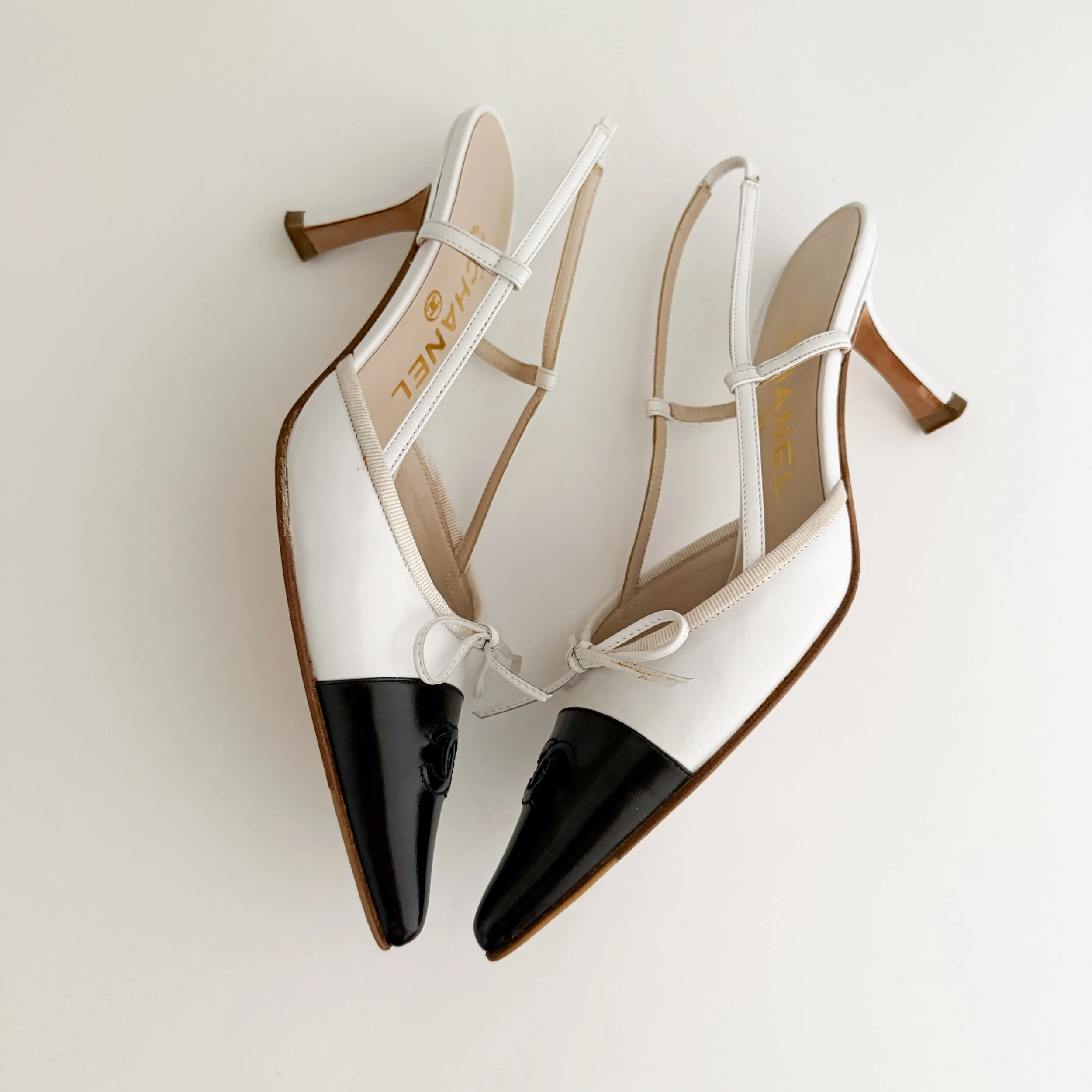 Chanel Vintage Soft Pink & Ivory Pearlescent Toe Cap Slingback